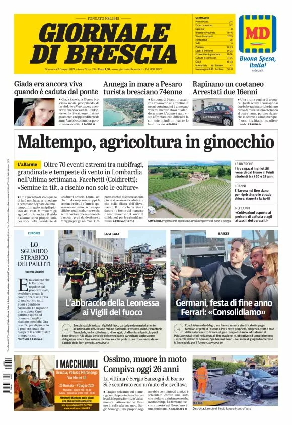 Prima-pagina-giornale di brescia-oggi-edizione-del-2024-06-02